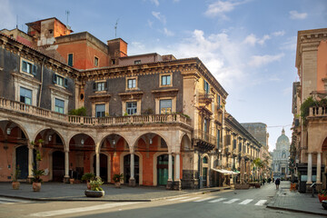 View of Piazza Mazzini and Via Giuseppe Garibaldi ending at the Cathedral Basilica of Saint Agatha in Catania, Sicily, Italy
