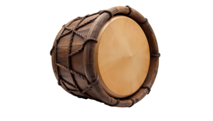thai klong yao drum with rugged wood finish and traditional decorative motifs, isolated on a pure white surface.