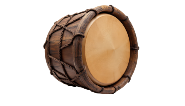 thai klong yao drum with rugged wood finish and traditional decorative motifs, isolated on a pure white surface.