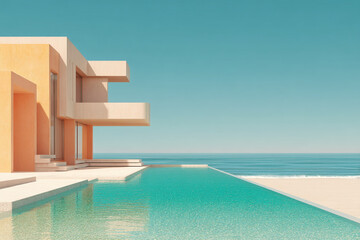 Modern house with infinity pool overlooking ocean, showcasing minimalist architecture and tranquil seaside living, ideal for luxury real estate or travel advertising