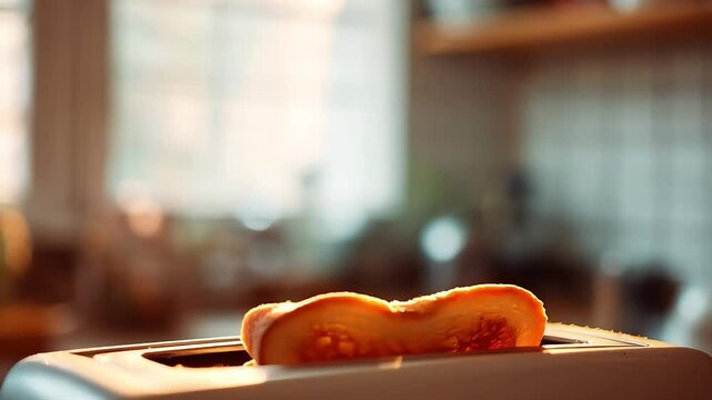 Golden toast pops up and gently sinks back into toaster. Slow motion. 4K.
