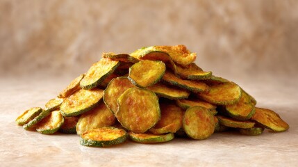 Fototapeta premium Zucchini Chip Mountain Crispy with Golden Snack Stack.