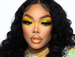 Fototapeta premium Stunning Woman Vibrant Green Yellow Makeup Black Hair