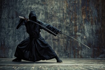 Naklejka premium Kendo Warrior in Traditional Armor Practicing with Shinai Sword