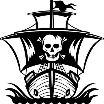 recommend clip art: Pirate skull with ship tattoo design, SVG with clean lines. Skull and Crossbones Pirate Ship Artwork for Creative Projects