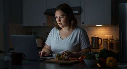 Fototapeta premium Woman Uses Laptop at Kitchen Counter with Food