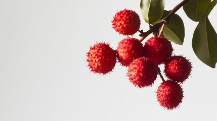 A branch of ripe rambutan with vibrant red fruits