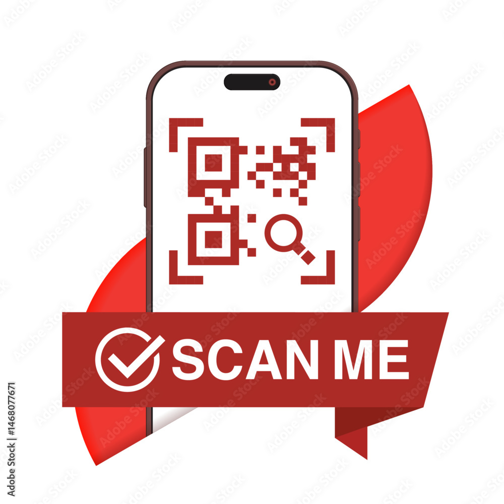 Poster smartphone qr code scan me banner – mobile app and on-screen qr interface with red label, vector ui 