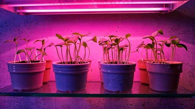 Plants growing with LED lights at home.
