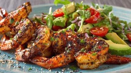 Spiced Shrimp Delight Avocado Salad  Sesame Seeds on Blue Plate.