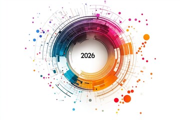 Obraz premium Tech-style cityscape circle artwork with year 2026 in center symbolizing digital urban future and innovative abstract architecture, Generative AI