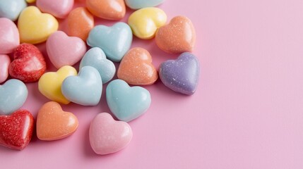 Obraz premium Colorful heart candies scattered on pink background