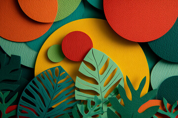 Colorful paper circles and tropical leaves create a vibrant abstract design, showcasing a summery, nature-inspired aesthetic ideal for various design projects