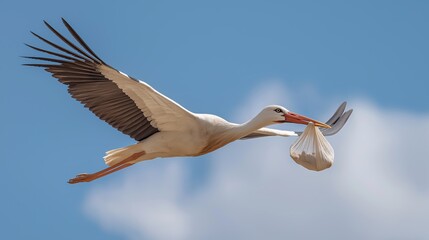 Flying stork carrying baby bundle in clear blue sky representing traditional birth symbol, folklore and the beginning of new life, Generative AI © Ben