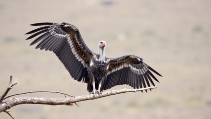 Majestic White-backed Vulture with Wings Spread Wide on Branch