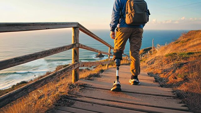 Hiker with a prosthetic leg in the mountains.
