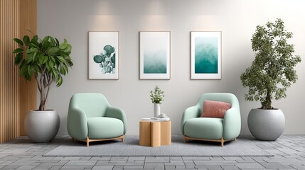Modern Living Room with Soft Mint Chairs and Green Decor Elements