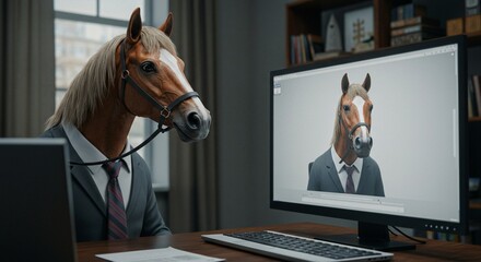 Horse in Business Suit Working on Computer Video Conference Funny Animal Concept