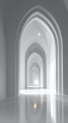 Obraz premium White hallway with multiple arches, creating a long perspective, symbolizing serenity, peace, and architectural design, ideal for minimalist or modern concepts