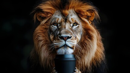 Fototapeta premium A regal lion sipping coffee in a crisp suit