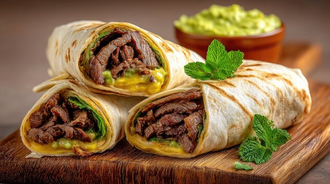 Tasty Steak Burrito Stack on Wood Board with Guacamole Dip.