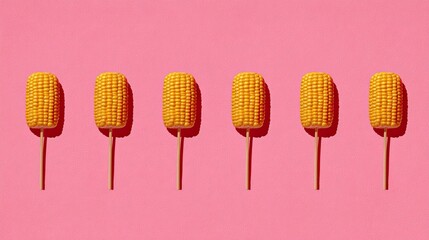 Corn Pops Row of Vibrant Yellow Treats on Pink.