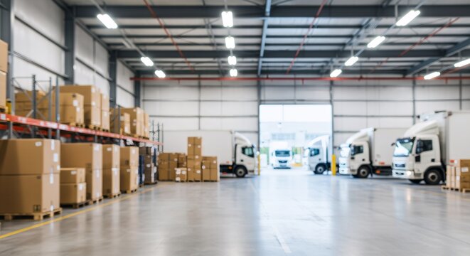 Inside view of a logistics center with pallets loaded with cardboard boxes on shelves and delivery trucks waiting at loading docks, concept of shipment and warehousing.
