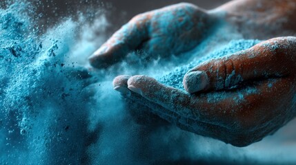 Fototapeta premium Hands holding blue powder, explosion, studio