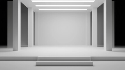 A minimalist white room with a platform and stairs.