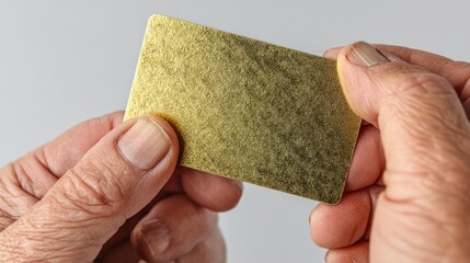 Hands holding gold card, close-up, simple background, payment