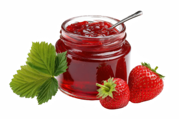 Delicious homemade strawberry jam in glass jar with fresh strawberries red on transparent background