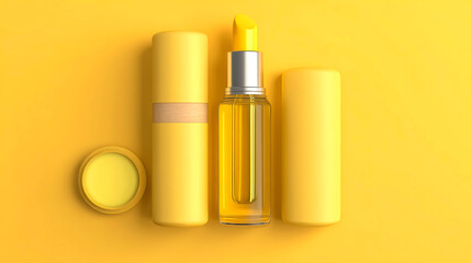 Yellow Lip Balm and Face Oil Bottles on Yellow Background