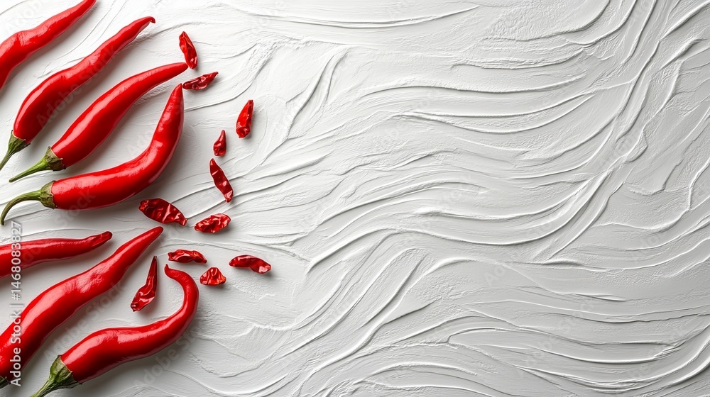 Poster the file contains an image of fresh red chili peppers and sliced sections with seeds floating in mid