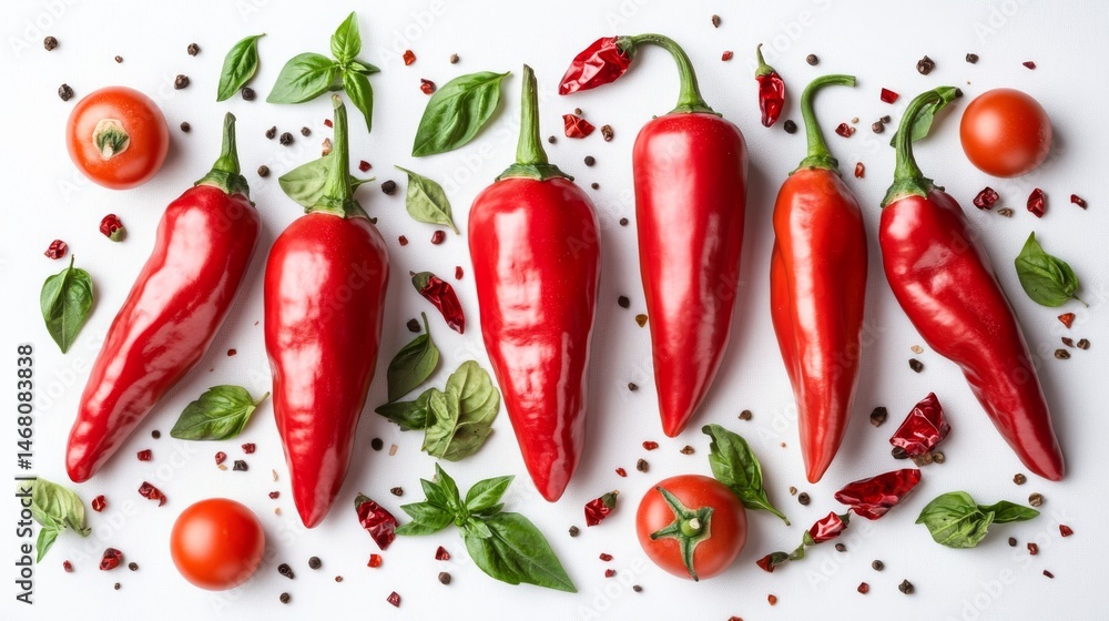 Poster fresh red chili peppers are depicted along with sliced sections and seeds that appear to be floating