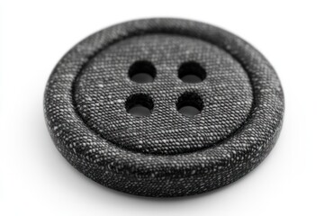 Close-up of a dark gray fabric button.  Four small holes.  Circular shape