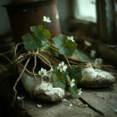 Vintage ballet shoe with flowers and green leaves on rustic wood