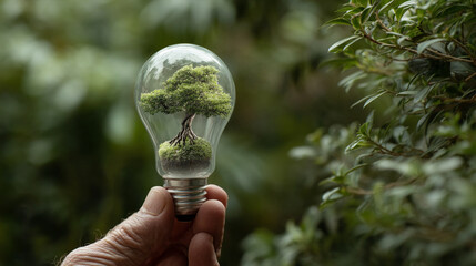 Small tree inside glass lightbulb held in hand, symbolizing eco-friendly energy and sustainable growth, against a blurred green background