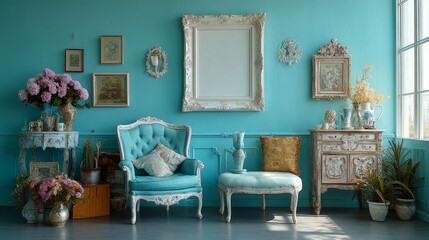 Elegant Vintage Interior Design with Aqua Walls and Classic Decor