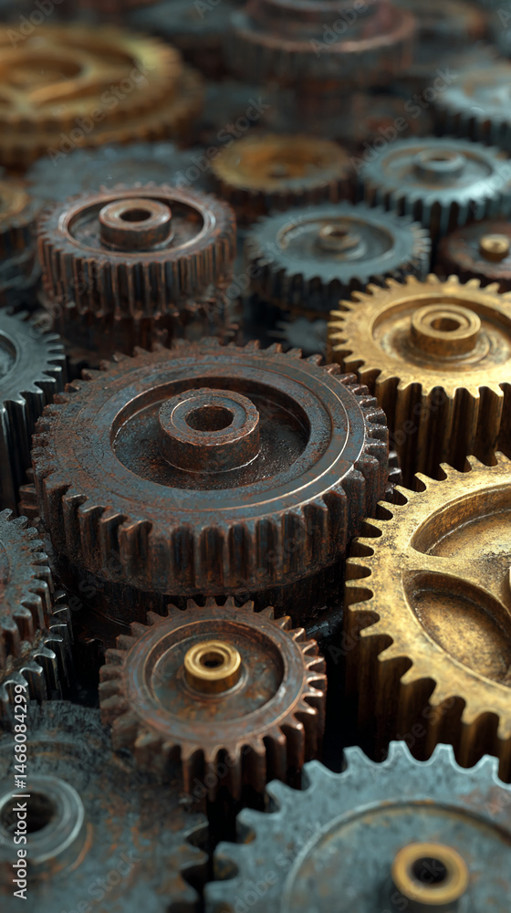 Poster Close-up of rusty and golden gears, interlocked and layered, suggesting intricate mechanism and teamwork, ideal for industrial or mechanical concepts