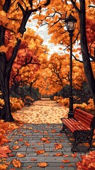 Obraz premium Autumnal park path lined with vibrant orange and red leaves, a park bench under the trees