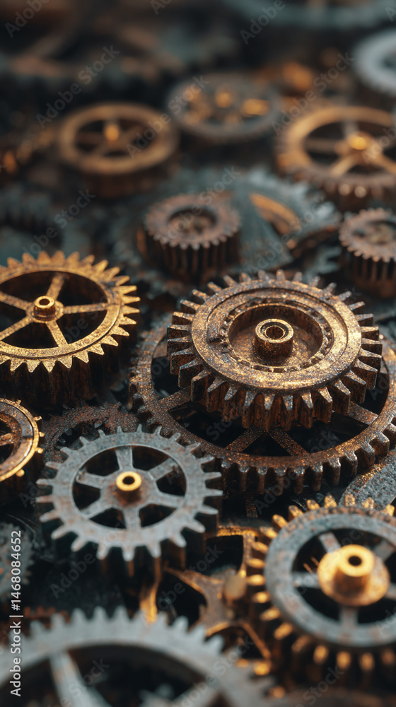 Aufkleber Close-up of intricate metallic gears, showing rust and texture detail, symbolizing complex mechanisms, industry, or teamwork