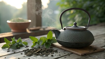 An artistic image of a steaming teapot with fresh mint leaves and tea on a wooden surface