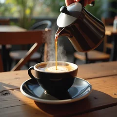 Gordijnen image of hot black coffee being poured from a pot into a cup of coffee with white smoke still visible on top © Catur