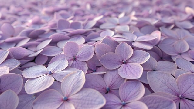 Delicate close up view of a bed of soft purple hydrangea flowers beautifully blooming