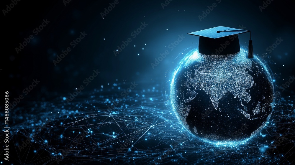 Poster on a digital globe, which consists of lines and points in a low poly wireframe, signifying its techn