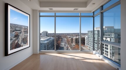 Fototapeta premium Modern Apartment Interior with Large Windows and City View