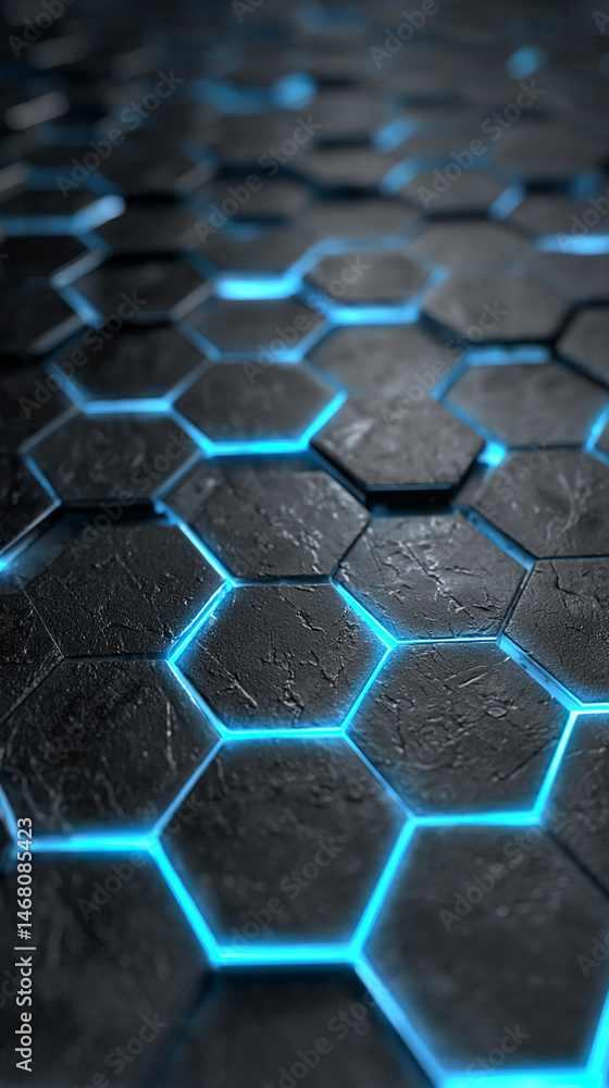 Poster dark gray hexagonal tiles with bright blue neon lines, creating a technological, futuristic texture.
