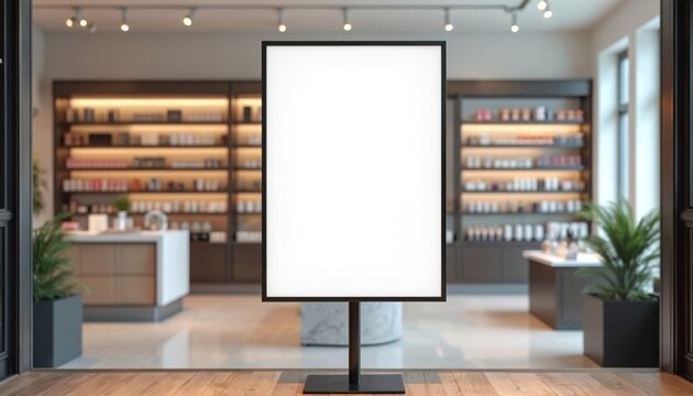 Vertical poster billboard mockup front of cosmetic shop background. Empty blank sign for advertising marketing. Display product promotion, branding, business, retail, urban design.