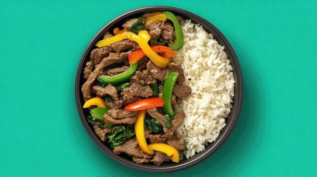Beef stir fry Vibrant bell peppers with spinach, and rice against teal background.