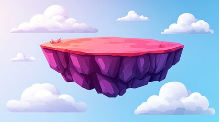 The game features a modern illustration of a land island suspended in a pink sky, with a 2D mobile videogame environment that includes a cartoon level, an empty ground platform for jumping, and a
